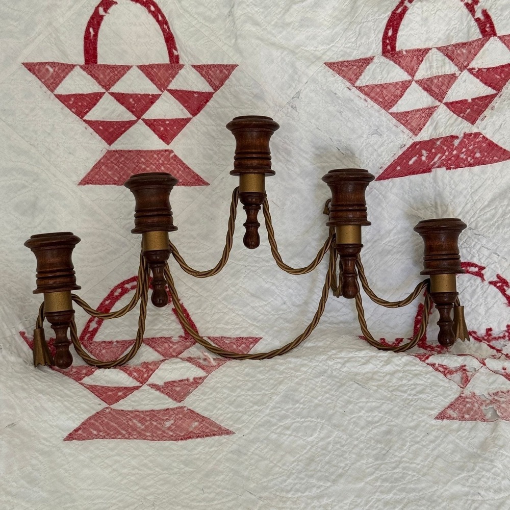 Vintage 5 Light Wall Candelabra Wood and Gold Twisted Metal Sconce 18" MCM Decor